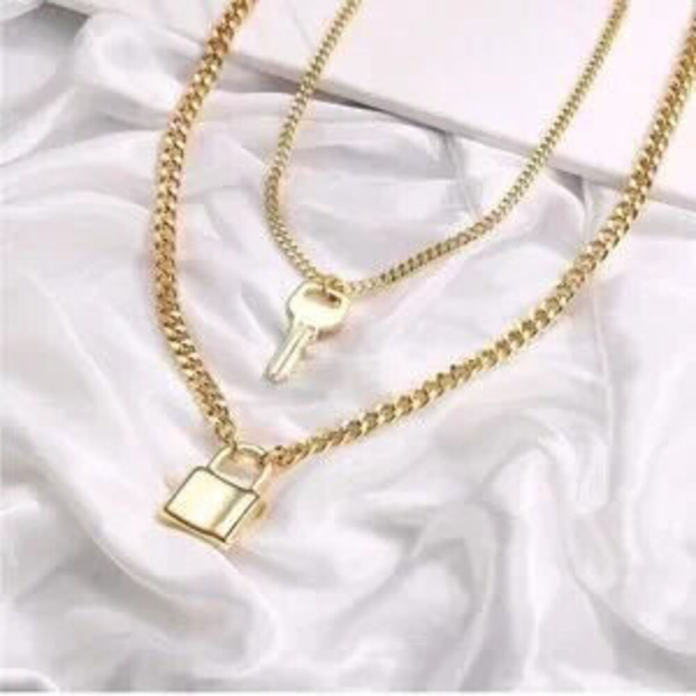 Gold 14k Gold Plated 2pc Lock Key Chain Necklace Set